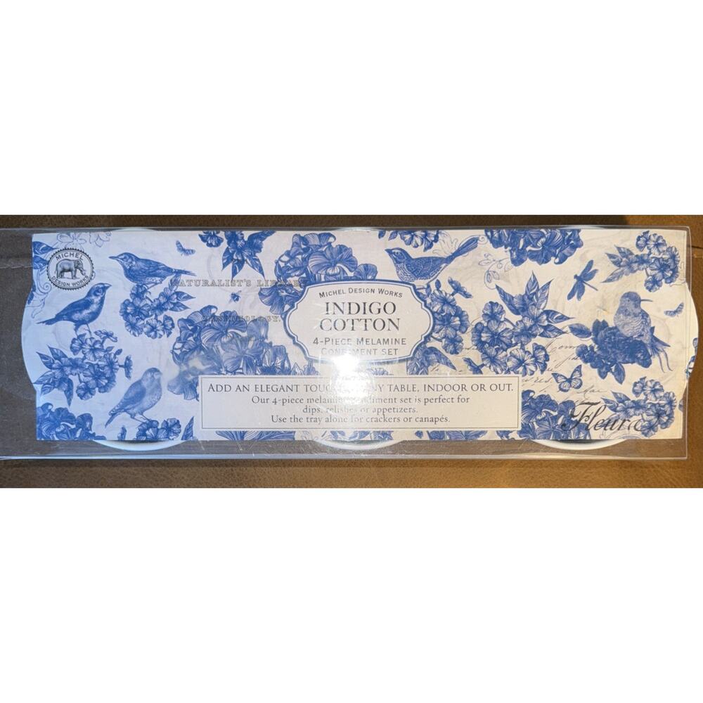 New 4 Piece Michel Design Works Serveware Indigo Cotton Melamine Condiment Set